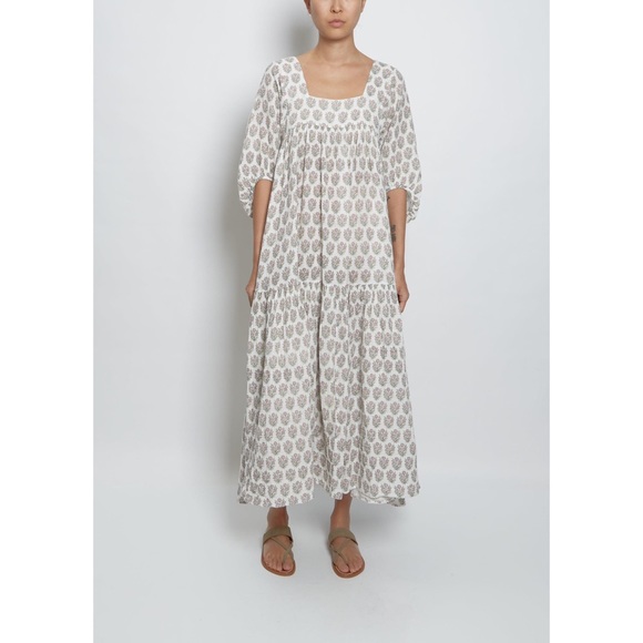 NWT Anaak Block Print Floral Blue and Cream Oversized Smocked Tiered Midi Dress - Picture 8 of 9